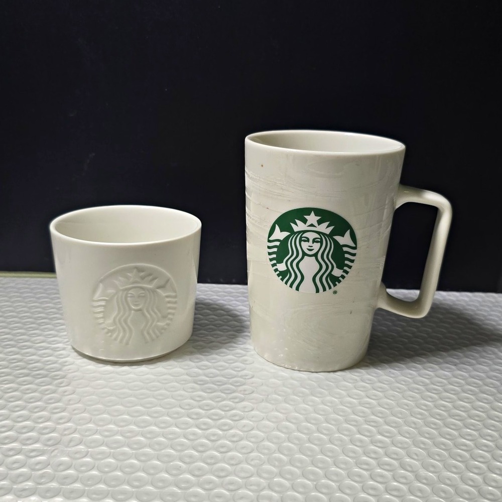 Starbucks White Ceramic Mug Set of 2 Green Logo Tall Mug & Embossed Cup